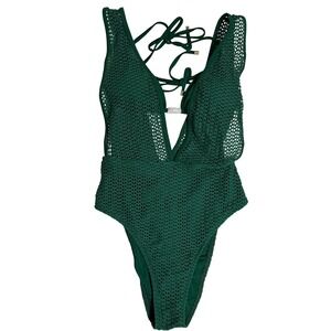 Cupshe Sweet Pick Green Swimsuit Set Crochet Mesh One Piece Bikini Large NEW